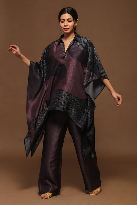 Clos_Brown Dupion Silk Geometric Collared Neck Printed Kaftan Kurta And Pant Set _Online_at_Aza_Fashions