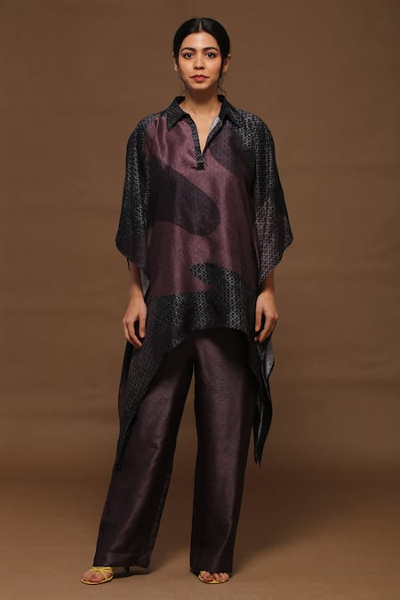 Buy_Clos_Brown Dupion Silk Geometric Collared Neck Printed Kaftan Kurta And Pant Set _Online_at_Aza_Fashions