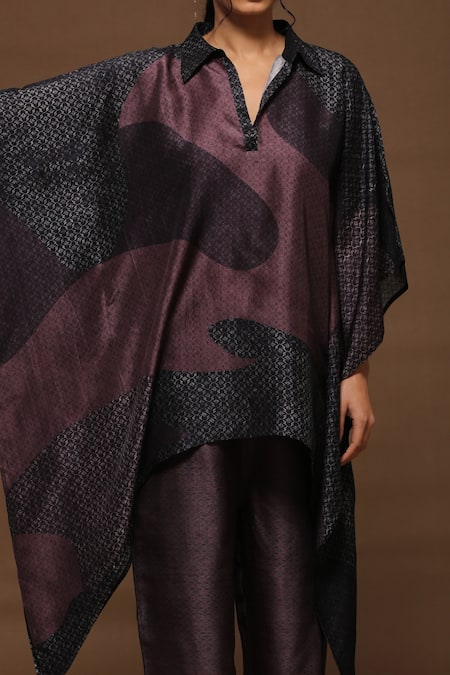 Shop_Clos_Brown Dupion Silk Geometric Collared Neck Printed Kaftan Kurta And Pant Set _Online_at_Aza_Fashions