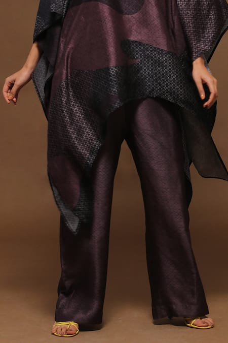 Clos_Brown Dupion Silk Geometric Collared Neck Printed Kaftan Kurta And Pant Set _at_Aza_Fashions