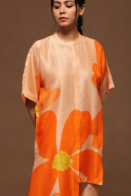 Clos_Orange Dupion Silk Floral Print Band Asymmetric Kurta And Pant Set _Online_at_Aza_Fashions