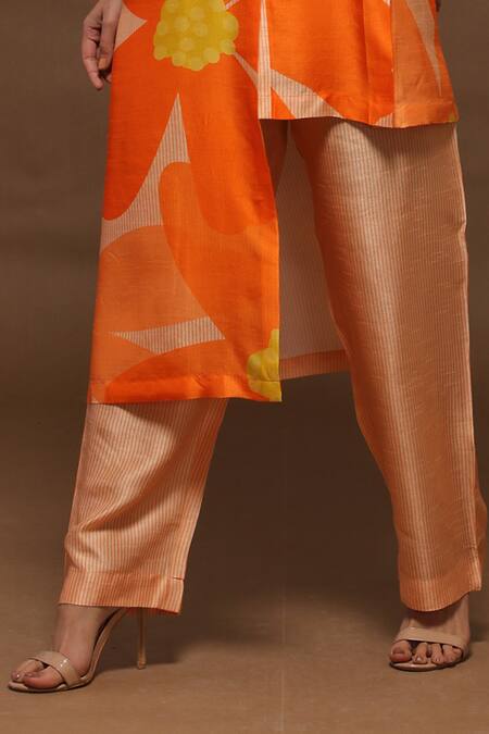 Buy_Clos_Orange Dupion Silk Floral Print Band Asymmetric Kurta And Pant Set _Online_at_Aza_Fashions