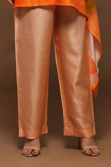Buy_Clos_Orange Dupion Silk Floral Print Round Asymmetric Kurta And Pant Set _Online_at_Aza_Fashions