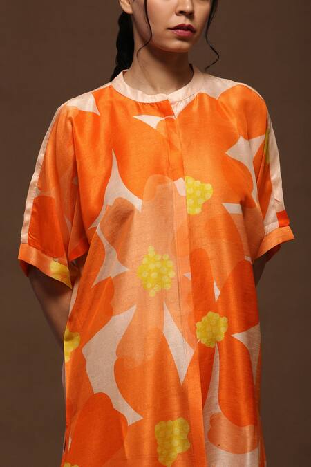 Clos_Orange Dupion Silk Floral Print Band Asymmetric Kurta And Pant Set _Online_at_Aza_Fashions