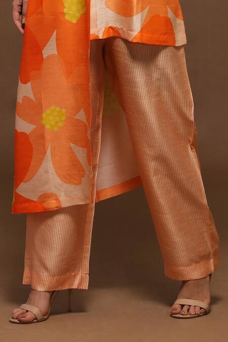 Buy_Clos_Orange Dupion Silk Floral Print Band Asymmetric Kurta And Pant Set _Online_at_Aza_Fashions