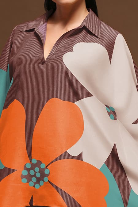 Shop Clos Brown Dupion Silk Floral Print Collared Neck Kaftan Kurta And Pant Set at Aza Fashions Shop_Clos_Brown Dupion Silk Floral Print Collared Neck Kaftan Kurta And Pant Set _at_Aza_Fashions