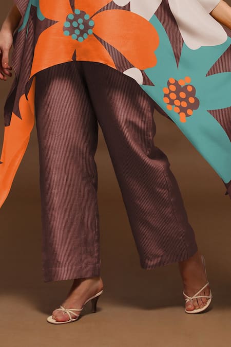 Clos Brown Dupion Silk Floral Print Collared Neck Kaftan Kurta And Pant Set Online at Aza Fashions Clos_Brown Dupion Silk Floral Print Collared Neck Kaftan Kurta And Pant Set _Online_at_Aza_Fashions