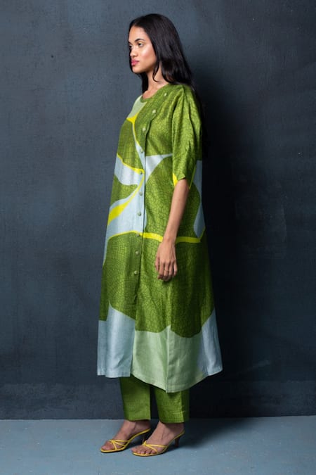 Clos_Blue Dupion Silk Abstract Round Print Tunic And Pant Set _Online_at_Aza_Fashions