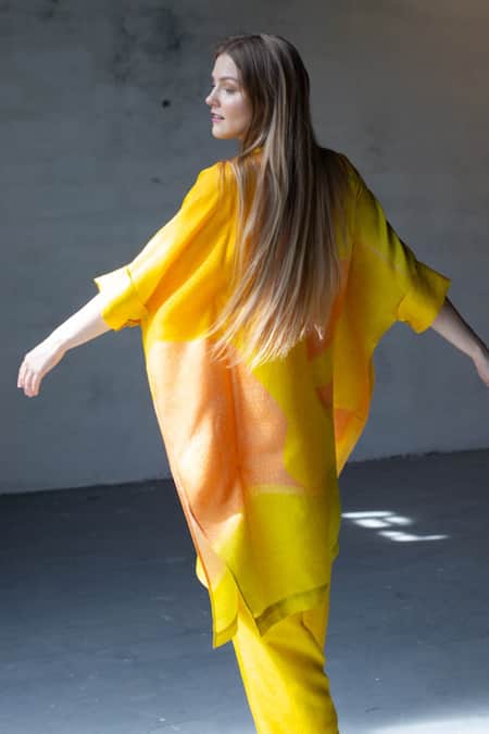 Shop Clos Yellow Dupion Silk Abstract Mandarin Collar Print Tunic And Pant Set at Aza Fashions Shop_Clos_Yellow Dupion Silk Abstract Mandarin Collar Print Tunic And Pant Set _at_Aza_Fashions