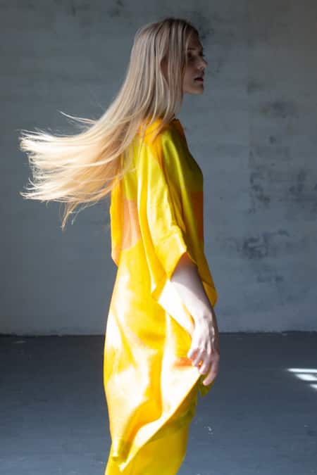 Clos Yellow Dupion Silk Abstract Mandarin Collar Print Tunic And Pant Set Online at Aza Fashions Clos_Yellow Dupion Silk Abstract Mandarin Collar Print Tunic And Pant Set _Online_at_Aza_Fashions