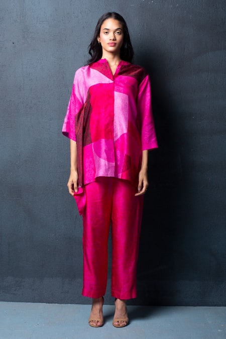 Clos Abstract Print Draped Tunic & Pant Set 