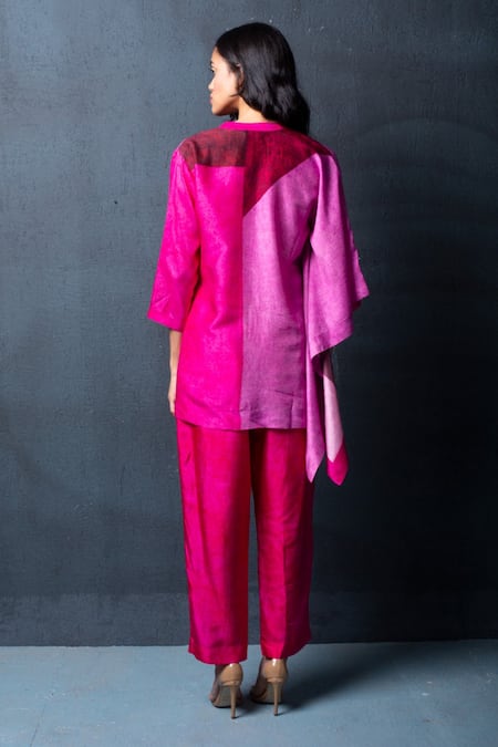 Shop_Clos_Pink Dupion Silk Abstract Mandarin Collar Print Draped Tunic And Pant Set _at_Aza_Fashions