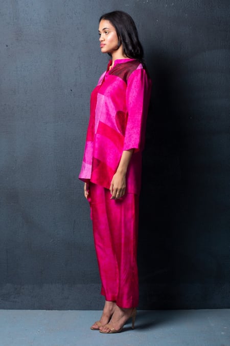 Clos_Pink Dupion Silk Abstract Mandarin Collar Print Draped Tunic And Pant Set _Online_at_Aza_Fashions