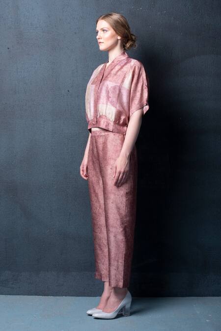 Clos Pink Dupion Silk Abstract, Geometric V Neck Print Top And Pant Set Online at Aza Fashions Clos_Pink Dupion Silk Abstract, Geometric V Neck Print Top And Pant Set _Online_at_Aza_Fashions