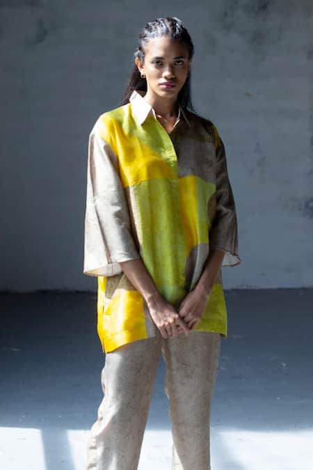 Clos Yellow Dupion Silk Abstract, Geometric Shirt Collar Print Tunic And Pant Set
