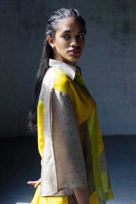 Clos_Yellow Dupion Silk Abstract, Geometric Shirt Collar Print Tunic And Pant Set _Online_at_Aza_Fashions