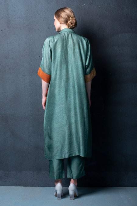 Shop Clos Blue Dupion Silk Abstract, Geometric Notched Collar Print Tunic And Pant Set at Aza Fashions Shop_Clos_Blue Dupion Silk Abstract, Geometric Notched Collar Print Tunic And Pant Set _at_Aza_Fashions