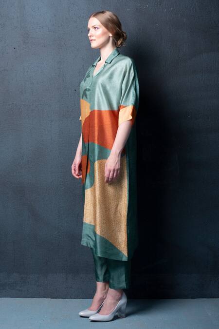 Clos Blue Dupion Silk Abstract, Geometric Notched Collar Print Tunic And Pant Set Online at Aza Fashions Clos_Blue Dupion Silk Abstract, Geometric Notched Collar Print Tunic And Pant Set _Online_at_Aza_Fashions