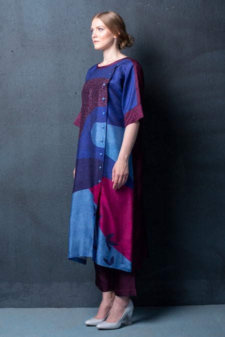 Clos_Blue Dupion Silk Abstract Round Print Tunic And Pant Set _Online_at_Aza_Fashions