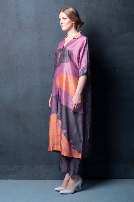 Buy_Clos_Purple Dupion Silk Abstract Shirt Collar Print Kurta And Pant Set _Online_at_Aza_Fashions