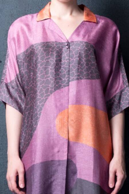 Shop_Clos_Purple Dupion Silk Abstract Shirt Collar Print Kurta And Pant Set _Online_at_Aza_Fashions