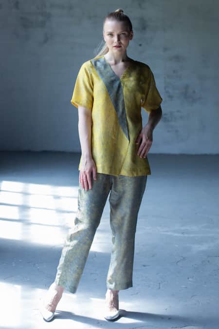 Clos_Yellow Dupion Silk Abstract, Geometric V Neck Print Top And Pant Set _Online_at_Aza_Fashions