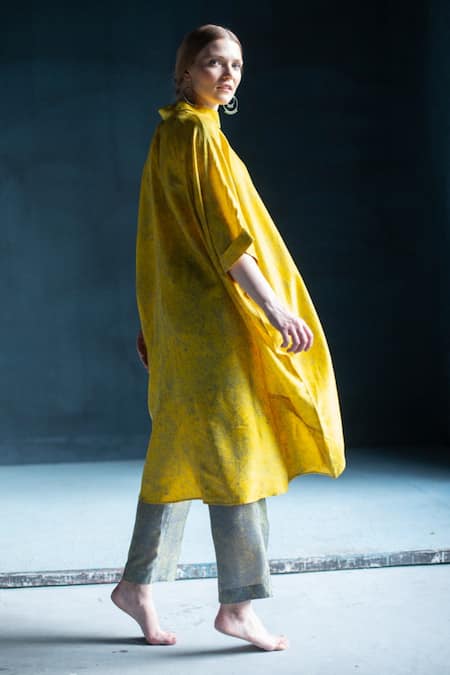 Shop Clos Yellow Dupion Silk Floral Shirt Collar Print Tunic And Pant Set at Aza Fashions Shop_Clos_Yellow Dupion Silk Floral Shirt Collar Print Tunic And Pant Set _at_Aza_Fashions