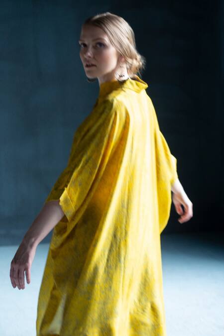 Clos Yellow Dupion Silk Floral Shirt Collar Print Tunic And Pant Set Online at Aza Fashions Clos_Yellow Dupion Silk Floral Shirt Collar Print Tunic And Pant Set _Online_at_Aza_Fashions