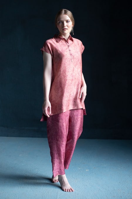 Clos Pink Dupion Silk Floral Shirt Collar Print Tunic And Pant Set 