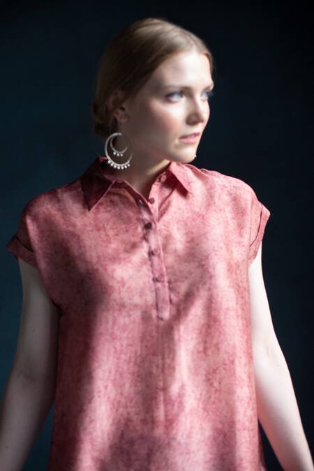 Shop_Clos_Pink Dupion Silk Floral Shirt Collar Print Tunic And Pant Set _at_Aza_Fashions