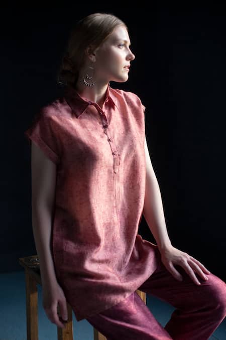 Clos_Pink Dupion Silk Floral Shirt Collar Print Tunic And Pant Set _Online_at_Aza_Fashions