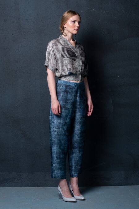 Clos_Blue Dupion Silk Abstract, Geometric V Neck Print Top And Pant Set _Online_at_Aza_Fashions