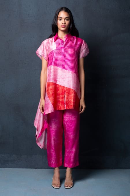 Buy Pink Dupion Silk Printed Abstract Shirt Draped Tunic And Pant