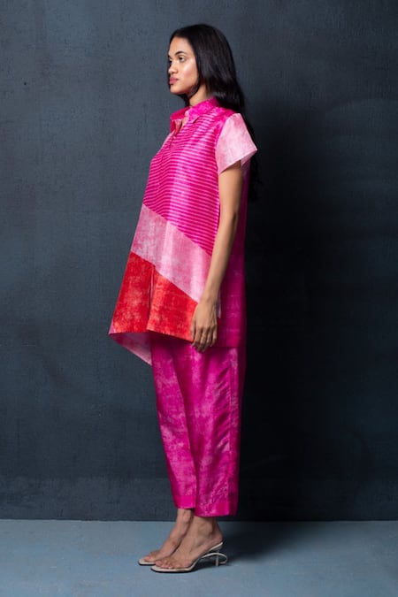 Clos_Pink Dupion Silk Abstract, Geometric Shirt Collar Print Draped Tunic And Pant Set _Online_at_Aza_Fashions