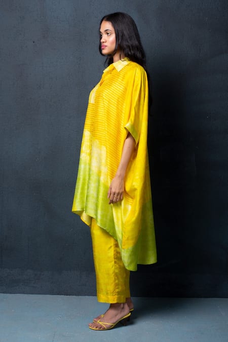 Clos_Yellow Dupion Silk Abstract, Geometric Shirt Printed Asymmetric Tunic And Pant Set _Online_at_Aza_Fashions