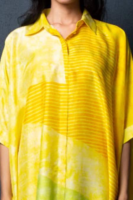 Buy_Clos_Yellow Dupion Silk Abstract, Geometric Shirt Printed Asymmetric Tunic And Pant Set _Online_at_Aza_Fashions