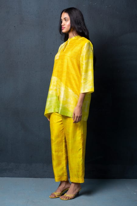 Clos_Yellow Dupion Silk Abstract, Geometric Mandarin Asymmetric Hem Tunic And Pant Set _Online_at_Aza_Fashions