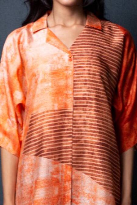 Buy_Clos_Orange Dupion Silk Abstract, Geometric Notched Print Shirt Tunic And Pant Set _Online_at_Aza_Fashions