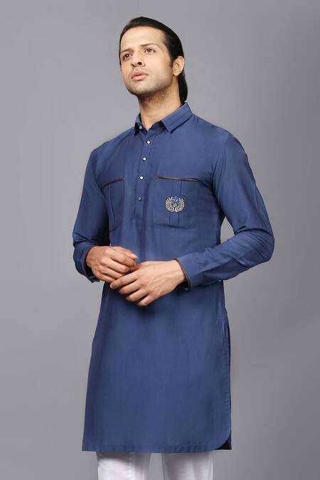 Shop_Seven_Blue Cotton Silk Kurta Set_Online_at_Aza_Fashions