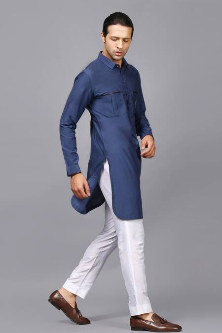 Seven_Blue Cotton Silk Kurta Set_Online_at_Aza_Fashions