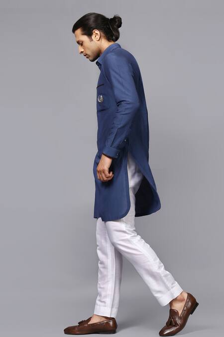 Buy_Seven_Blue Cotton Silk Kurta Set_Online_at_Aza_Fashions