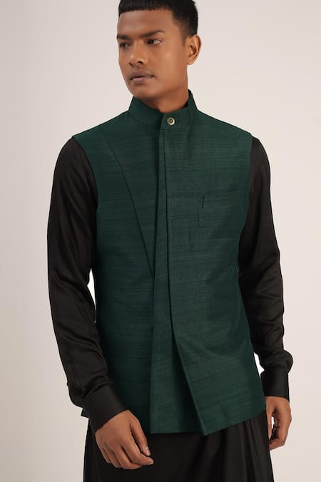 Dhruv Vaish Green Raw Silk Plain Jawahar Jacket  