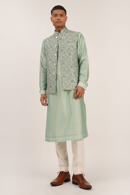 Dhruv Vaish Green Raw Silk Embroidered Floral Thread Jawahar Jacket  