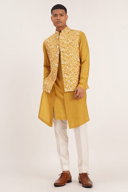 Dhruv Vaish Yellow Raw Silk Embroidered Floral Thread Jawahar Jacket  