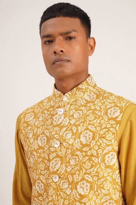 Buy_Dhruv Vaish_Yellow Raw Silk Floral Thread Embroidered Jawahar Jacket _Online_at_Aza_Fashions
