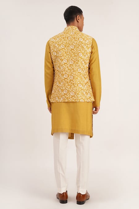 Shop_Dhruv Vaish_Yellow Raw Silk Floral Thread Embroidered Jawahar Jacket _at_Aza_Fashions