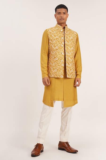 Dhruv Vaish_Yellow Raw Silk Floral Thread Embroidered Jawahar Jacket _Online_at_Aza_Fashions