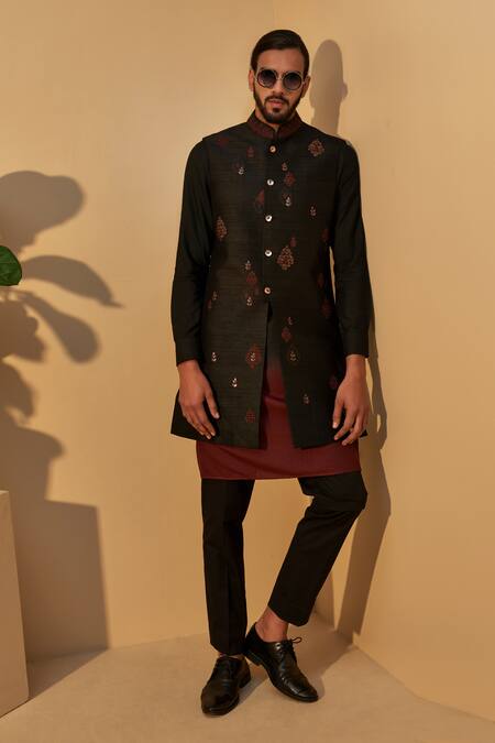 Dhruv Vaish Black Raw Silk, Silk, Terry Embroidered Bundi And Kurta Set Online at Aza Fashions Dhruv Vaish_Black Raw Silk, Silk, Terry Embroidered Bundi And Kurta Set _Online_at_Aza_Fashions