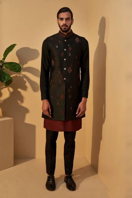 Buy Dhruv Vaish Black Raw Silk, Silk, Terry Embroidered Bundi And Kurta Set Online at Aza Fashions Buy_Dhruv Vaish_Black Raw Silk, Silk, Terry Embroidered Bundi And Kurta Set _Online_at_Aza_Fashions