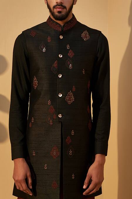Dhruv Vaish Black Raw Silk, Silk, Terry Embroidered Bundi And Kurta Set at Aza Fashions Dhruv Vaish_Black Raw Silk, Silk, Terry Embroidered Bundi And Kurta Set _at_Aza_Fashions
